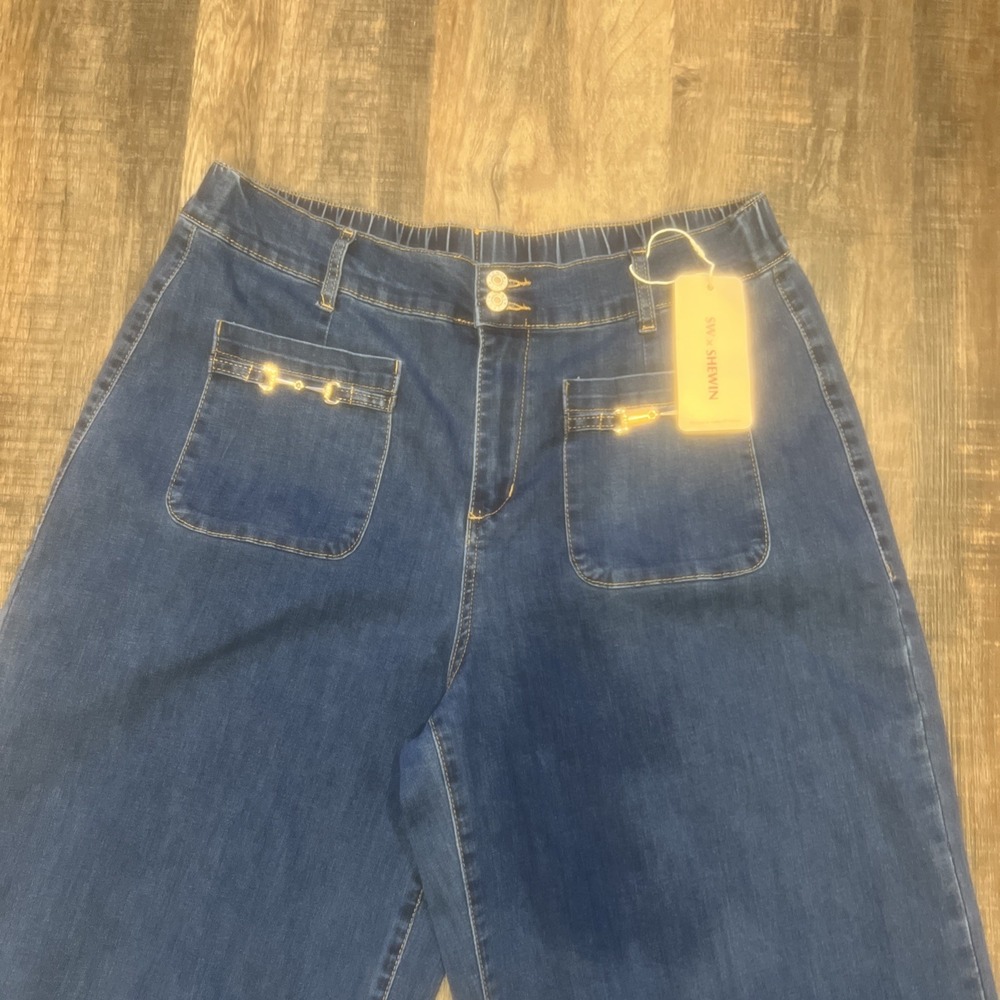NEW-SHEWIN~18~Wide Leg High Waisted Straight Leg Buckle Trendy Ankle cropped